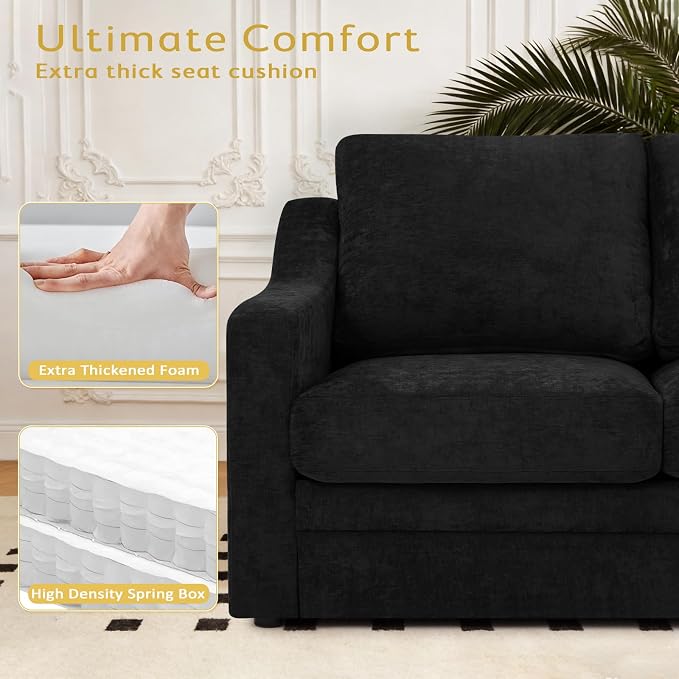 83” Chenille 3 Seats Sofa w/Comfortable Back Cushions, Black | Modern Couch w/Deep Seat Space, Upholstered 5 Seater Sofa w/High Resiliency Foam for Living Room