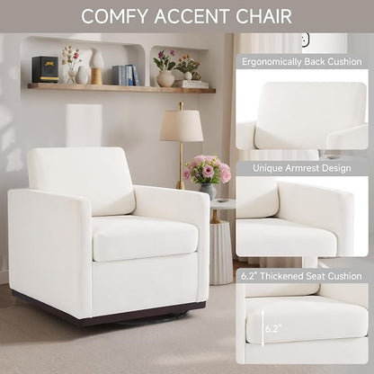 360° Swivel Accent Chair, 31" Wide Upholstered Club Armchairs for Living Room, Comfy Square Swivel Barrel Chair with Metal Base, Chenille Fabric, Beige