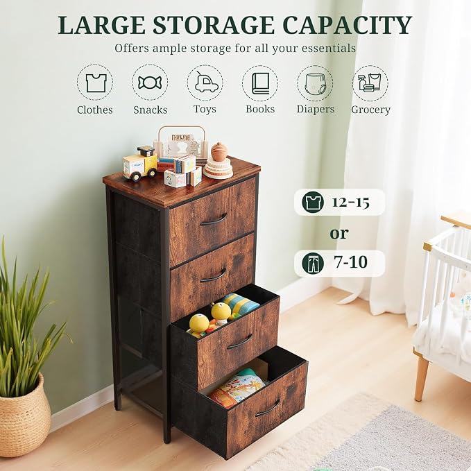 4 Drawers Dresser for Bedroom, Fabric Storage Tower Organizer with Wooden Top and Steel Frame, Tall Chest of Drawers for Closet, Entryway, Dorm, Brown