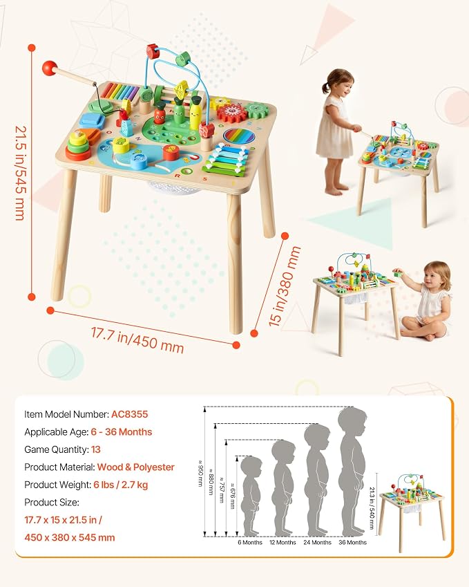 VEVOR Montessori Activity Table for Toddler 1-3 Years Old, 13 in 1 Wooden Learn Activity Desk, Baby Play Table for Boys & Girls Aged 6+ Months, Great Birthday, Christmas, Children's Day Present
