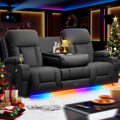RV Loveseat Recliner Sofa, 3 Seater Reclining Sofa with Flip Back Console, Modern Reclining Couch with USB Ports, Cup Holders, Insert Pockets, RV Recliners for Travel Trailers & Living Room