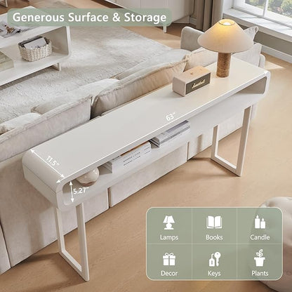 IFGET 63-Inch Long Console Table, 31.5" Tall Modern Entryway Table with Open Storage Shelf, Curved Profile Design, Narrow Wood Sofa Table Behind Couch Table for Living Room, Hallway, Foyer, White