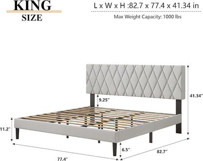 CXVX King Size Bed Frame with Diamond Tufted Headboard, Linen Upholstered Platform Bed and Wooden Slat Support, Noise-Free, No Box Spring Needed, Easy Assembly, Light Grey