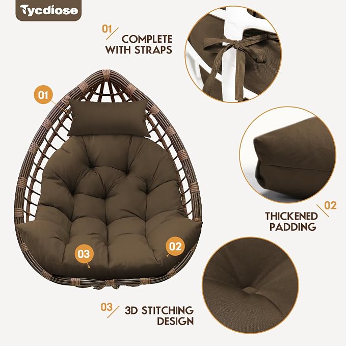 Outdoor Hanging Egg Chair Cushion Replacement, Thicken Egg Chair Cushion Waterproof Basket Eggs Chairs Cushion with Headrest Pillow, U-Shaped Cushions for Hanging Eggs Chairs Swing (Brown)