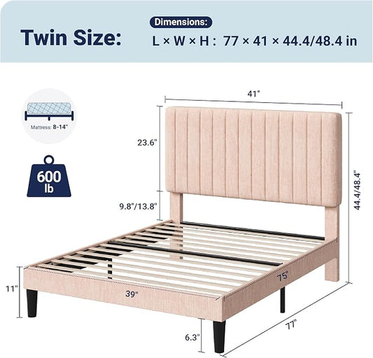Allewie Twin Bed Frame, Upholstered Platform Bed with Adjustable Vertical Channel Tufted Headboard, Mattress Foundation with Strong Wooden Slats, Box Spring Optional, Easy Assembly, Chenille Pink