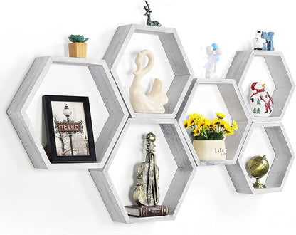 Hexagon Floating Shelves Set of 6, Wall Mounted Wood, Grey | Honeycomb Shelves, Wood Farmhouse Storage, for Wall Decor, Hanging Shelves, for Bedroom Living Room Nursery, Free Combination