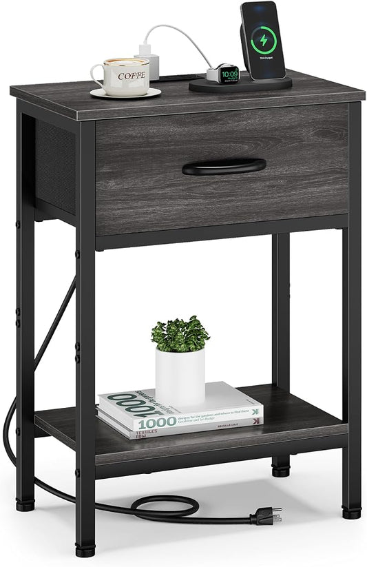 Vagusicc Nightstand with Charging Station, End Table with Fabric Drawer, Small Side Table with 2-Tier Storage Shelves, 25.4" Tall Night Stand, Bedside Table for Bedroom, Living Room, Dorm, Black Oak