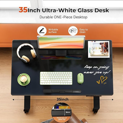 35" Black Glass Standing Desk, 90° Tilt Drafting Table on Wheels | Electric Height Adjustable Foldable One-piece Art Rising Desk, Small Mobile Sit Stand Laptop Cart with 4 Lockable Casters