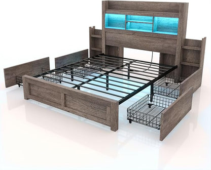 LUXOAK Full Bed Frame with 49.6" Bookcase Headboard & 2 Detachable Bedside Stoage Racks & 4 Drawers, Farmhouse Wood Bed Frame with RGB LED & Charging Station, No Box Spring Needed, Grey