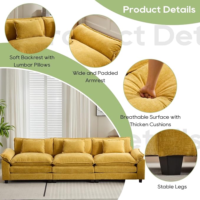 Oprisen 120" Modular Sectional Sofa, Comfy Cloud Couch Sectional Sofa, Chenille Sofa Sleeper Deep Seat Sofa with Throw Pillows for Living Room (Yellow, 120"- 3 Seater)