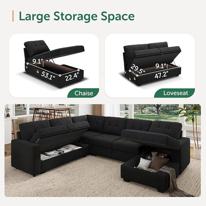 HONBAY Modular Sectional Sleeper Sofa with Pull Out Bed, U Shaped Sleeper Couches with Storage Chaise, 114'' Sleeper Sectional Sofas for Living Room, Apartment (Velvet Black)