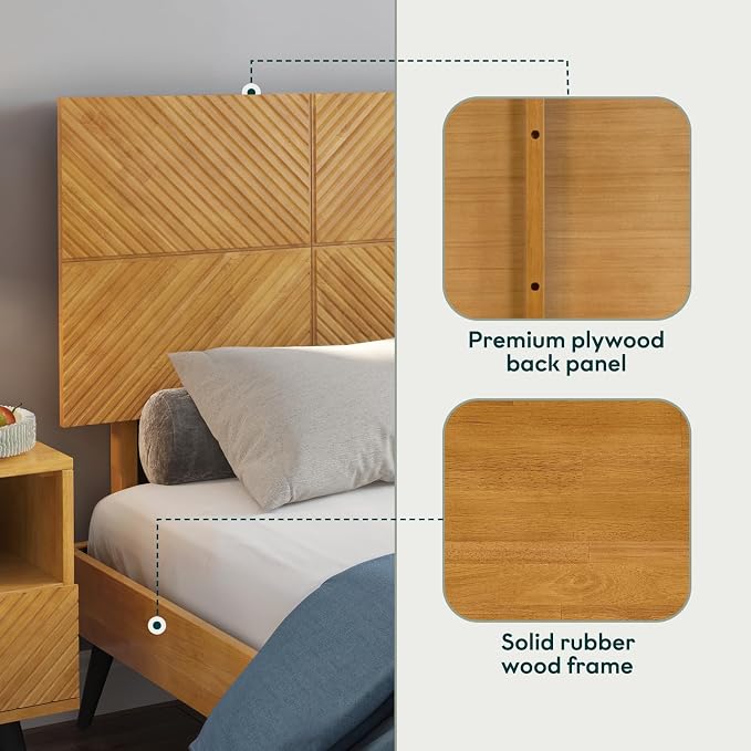 Bme Rhombus King Bed Frame – Solid Rubber Wood with Geometric Rhombus Headboard, Teak Brown Finish, Scandinavian Modern Platform Bed with Sturdy Slats & Metal Legs, No Box Spring Needed