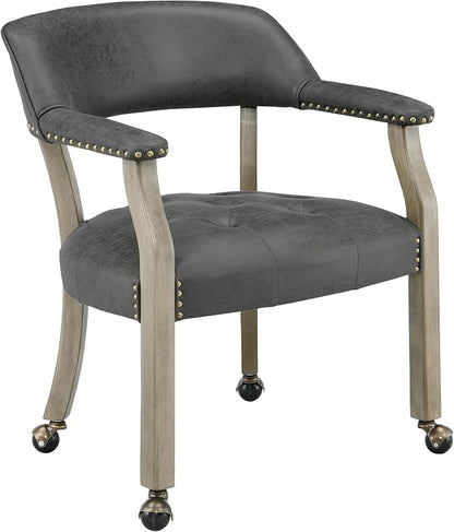 LEEMTORIG Dining Chairs with Casters and Arms, Upholstered Rolling Dining Chairs with Wheels for Elderly, Ergonomic Wide Seat Wooden Office Chairs, 26" Dx25.2 W, Grey Legs&Dark Grey Fabric SY-1318-GY
