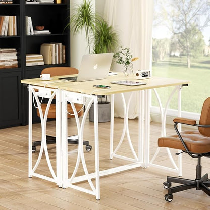 Mini Desk, 31.5" Small Desk for Bedroom with Power Outlet, Foldable Desks for Small Spaces & Home Office, Easy Assembly, Beige Floor Patten
