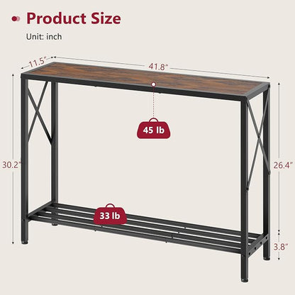 Tajsoon Console Table 41.8”, 2-Tier Industrial entryway Table, Narrow Sofa Table with Shelves, Entrance Table for Entryway, Hallway, Living Room, Foyer, Corridor, Office, Rustic Brown