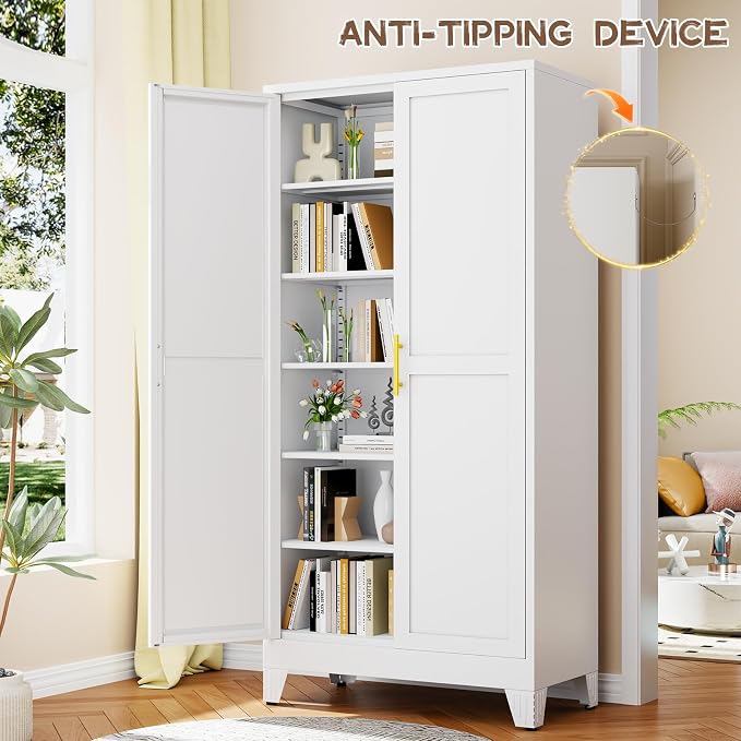 winiowa Tall Metal Kitchen Pantry Storage Cabinet with 2 Doors and 5 Adjustable Shelves - 75.2" Kitchen Cabinet with Gold Handles for Kitchen, Bathroom, Dining Room, Living Room - White