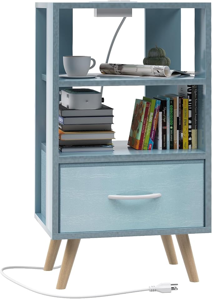 Aenuert Night Stand with Charging Station, Blue Nightstand with Drawer, 3-Tier Wooden Bedside Table with USB Ports and Outlets, End Table for Small Space, Living Room, Bedroom
