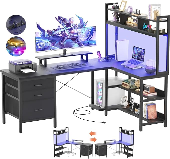 Aheaplus L Shaped Desk with Hutch, Gaming Desk with Led Lights, Reversible Computer Desk with Power Outlet, Corner Desk with File Drawer & Monitor Stand, Storage Shelves for Home Office, Black