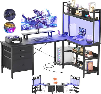 Aheaplus L Shaped Desk with Hutch, Gaming Desk with Led Lights, Reversible Computer Desk with Power Outlet, Corner Desk with File Drawer & Monitor Stand, Storage Shelves for Home Office, Black