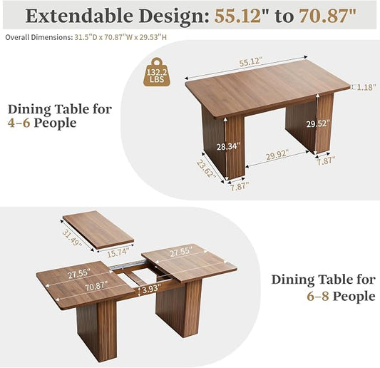 55 in–71 in Extendable Rectangular Dining Table for 4–6, Modern Farmhouse Expandable Kitchen Table with Carved Line Base, Wooden Dinner Table for Kitchen Living Room Home Office (Walnut)