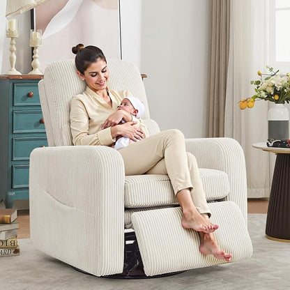 Swivel Rocker Recliner, Oversized Manual Nursery Glider Rocking Recliner Chair with Removable Cushion, Upholstered Corduroy Swivel Reclining Chair for Nursery Living Room Bedroom, Cream White