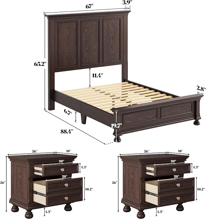 AMERLIFE Solid Wood 3 Piece Bedroom Set Including 65.2" High Queen Bed Frame, Fully Assembled Nightstands Set of 2 with 2 Storage Drawers for Bedroom, Dark Brown