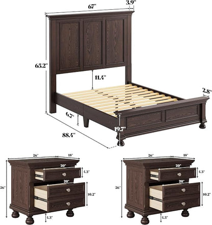 AMERLIFE Solid Wood 3 Piece Bedroom Set Including 65.2" High Queen Bed Frame, Fully Assembled Nightstands Set of 2 with 2 Storage Drawers for Bedroom, Dark Brown