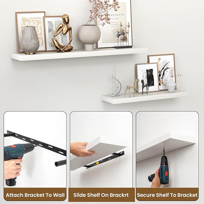 Heimlove 24 Inch Floating Shelves for Wall,Mounted Storage Wood Shelves with Invisible Brackets Hanging Shelf for Bedroom,Living Room,Kitchen,Office,Set of 2,White