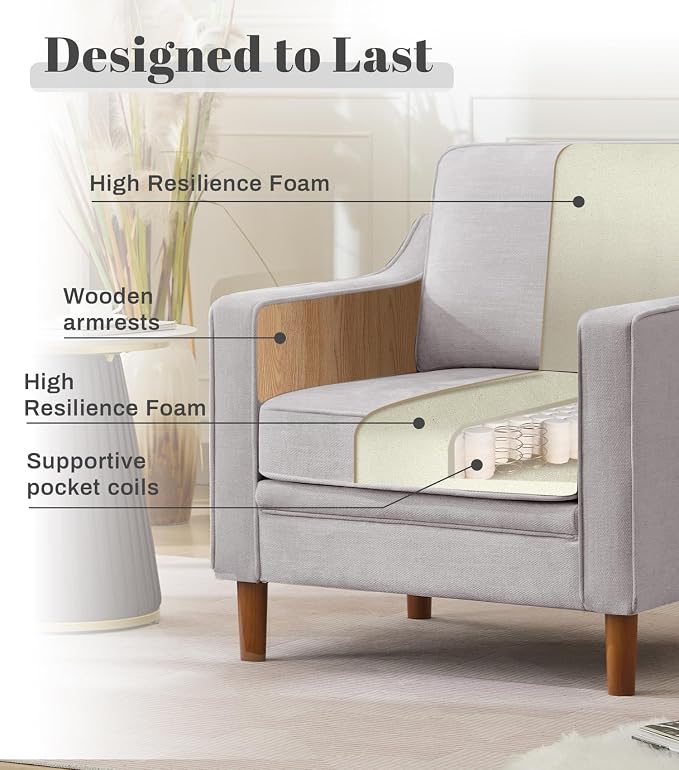 Kingfun Accent Chair, Living Room Chairs, Mid Century Reading Armchair, Chenille with Solid Wood Foot, Upholstered Modern Decor for Bedroom, Apartment