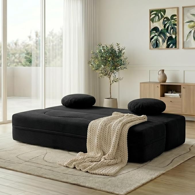 Vongrasig Convertible Sofa Bed, 77” Folding Boneless Couch, Floor Sofa 2-in-1 Curved Couch for Small Living Room, Apartment, Guest Room, Black