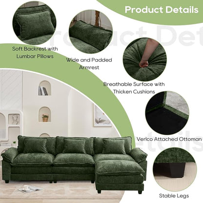 Oprisen 120" Modular Sectional Sofa, Comfy Cloud Couch Sectional Sofa with Ottoman, Chenille Sofa Sleeper Deep Seat Sofa with Throw Pillows for Living Room (Green, 120"- L Shape)