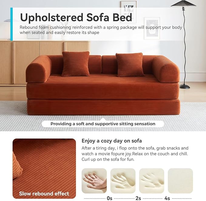 Convertible Sleeper Sofa with 2 Pillow, Modern Corduroy Futon Bed, Modular Sofa with Pull-Out Bed, Love Seat Sleeper for Living Room, Small Space Apartment, Office