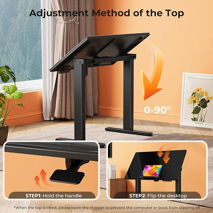 35" Black Glass Standing Desk, 90° Tilt Drafting Table on Wheels | Electric Height Adjustable Foldable One-piece Art Rising Desk, Small Mobile Sit Stand Laptop Cart with 4 Lockable Casters
