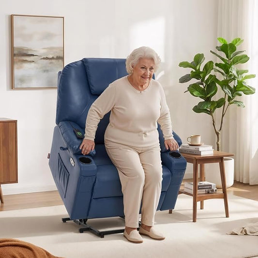 MCombo Extra Wide Power Lift Recliner Chair for Elderly, Lift Chair with Heat and Massage for Big People, USB&Type C Ports, Cup Holders, Faux Leather R7045 (Blue, Medium-Wide)