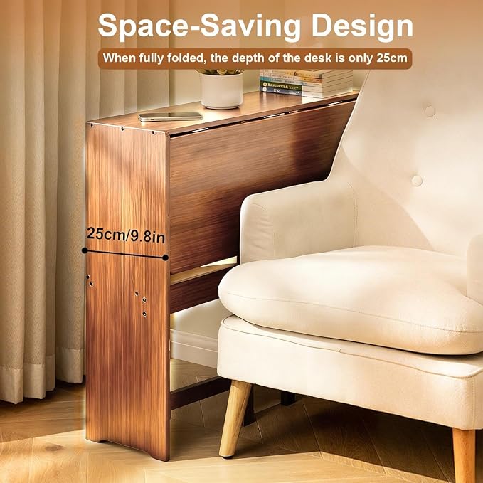 Bamboo Foldable Desk, 41" Folding Bamboo Desk for Small Spaces, Mid Century Small Computer Desks with Bookshelf, Wooden Desks for Home Bedroom Study Office, Brown