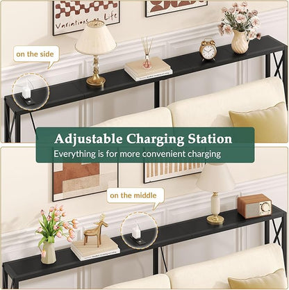 Gewudraw Console Table Narrow Long, Behind Couch Table with Oulets & USB Ports, Industrial Long Skinny Stand for Entryway,Hallway, Living Room, Bedroom Black, 7.9" D x 70" W x 30.3" H