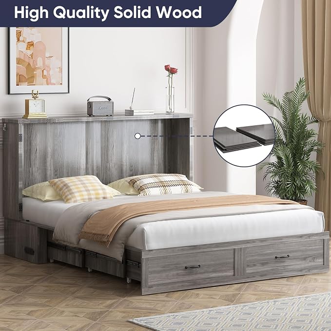 ijuicy Queen Murphy Cabinet Bed, Storage & Charge, No Mattress, Grey | Queen Murphy Bed Built-in multifunctional charging station & storage drawers, space-saving foldaway design for guest room.
