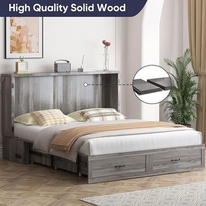ijuicy Queen Murphy Cabinet Bed, Storage & Charge, No Mattress, Grey | Queen Murphy Bed Built-in multifunctional charging station & storage drawers, space-saving foldaway design for guest room.