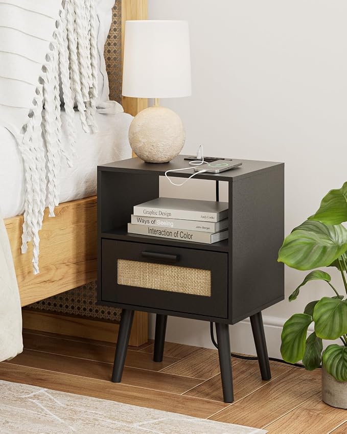Aienvey Bedroom Nightstands Wooden Night Stands with Rattan Weaving Drawer Home Bedside End Table for Bedroom Storage (Modern-Black)