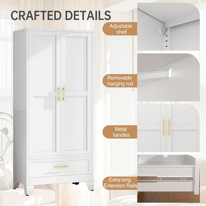 PAOFIN 71" Metal Armoire Wardrobe Closet Storage Cabinet with Hanging Rod,Metal Clothing Cabinet with 1 Drawer and Adjustable Shelf for Bedroom, Laundry Room(White)
