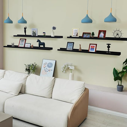 Long Floating Shelves for Wall 47 Inch,Real Wood Picture Ledge Shelf with Lip Set of 4,Photo Frame Storage Display for Living Room Nursery Bedroom Bathroom Kitchen Home Office Decor (Black)