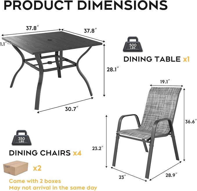 Outdoor Dining Set for 4,5pcs Patio Table and Chairs Set with Adjustable Umbrella Hole,37.8”x37.8” Square Metal Outdoor Table and Stackable Patio Chair for Yard, Garden, Porch