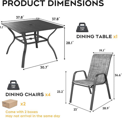 Outdoor Dining Set for 4,5pcs Patio Table and Chairs Set with Adjustable Umbrella Hole,37.8”x37.8” Square Metal Outdoor Table and Stackable Patio Chair for Yard, Garden, Porch