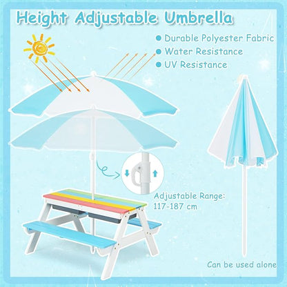 Costzon Kids Picnic Table with Sensory Bins, 4 in 1 Sand and Water Table with Height Adjustable Umbrella, Removable Tabletop for Outdoor Backyard Patio Play