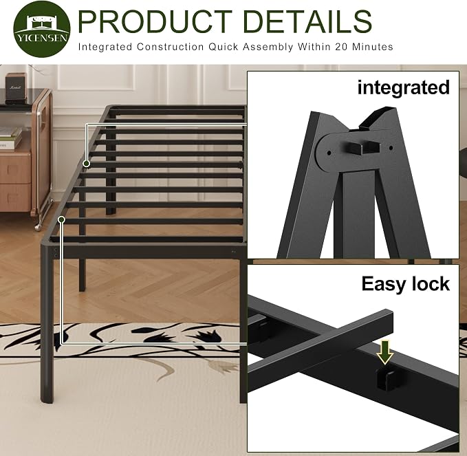 Yicensen 20 Inch Queen Bed Frame Rounded Corner Legs Platform Bed Frame Queen Size, Heavy Duty Easy Assembly, Noise Free, No Box Spring Needed, Black.