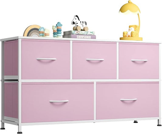 WLIVE Dresser for Bedroom with 5 Drawers, Wide Chest of Drawers, Fabric Dresser, Storage Organizer Unit with Fabric Bins for Closet, Living Room, Hallway,A-Pink