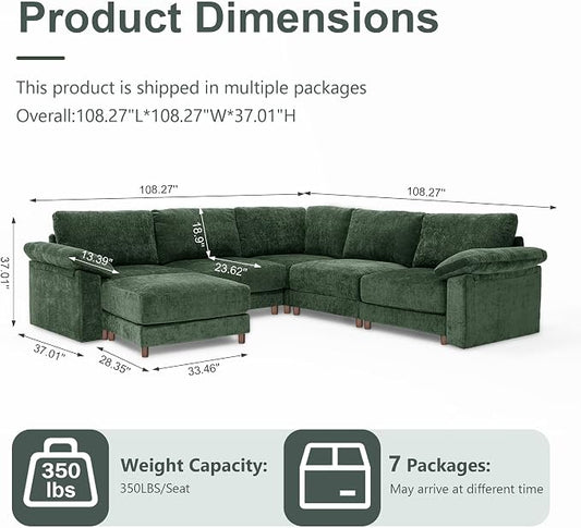 Oversized L Shaped Sectional Couch for Living Room, Extra Large Deep Seat Modular Sectional Sofa with Washable Covers, Modern Cloud Couch for Apartment, Bedroom (Green, Corner V Shape 6 Seat)