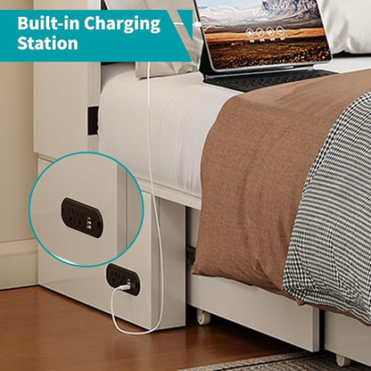 BALUS Full Size Murphy Bed with Mattress Included, 57" W Cabinet Bed with Mattress & USB Charging Station & Storage Drawer, Full Murphy Cabinet Beds for Living Room, Apartment, Bedroom, White