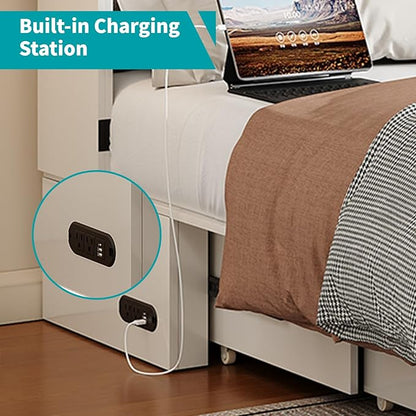 BALUS 57.5" W Full Cabinet Murphy Bed with Built-in Charging Station, Full Size Murphy Cabinet Bed with Storage Drawers for Guest Room, Multi-Functional Chest Bed for Small Space, Bedroom, White