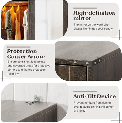 PAKASEPT Armoire Wardrobe Closet with w/Folding Sliding Barn Door | Bedroom Armoires with Mirror and LED Lights, Hanging Rod, 9 Door Armoire for Bedroom